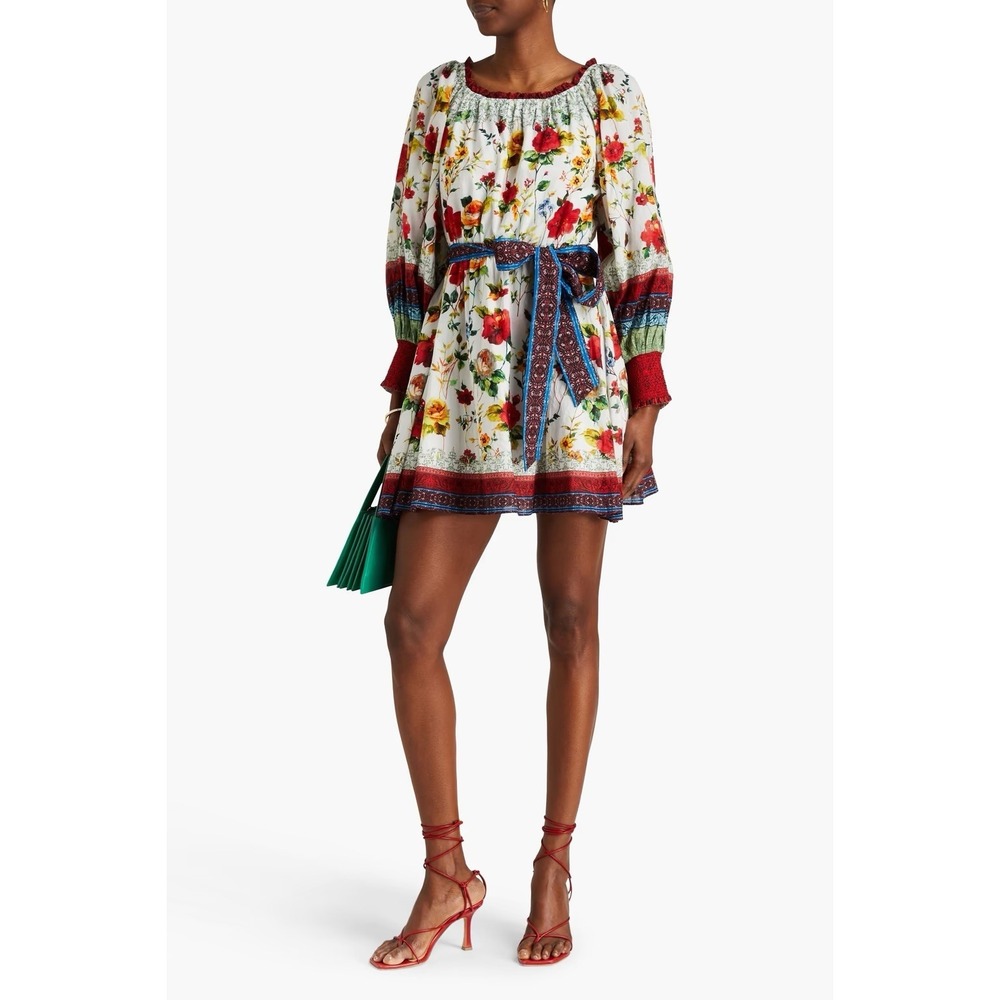 Alice & Olivia Mary Off Shoulder Dress Medium Dew Floral Belted Peasant Boho NWT